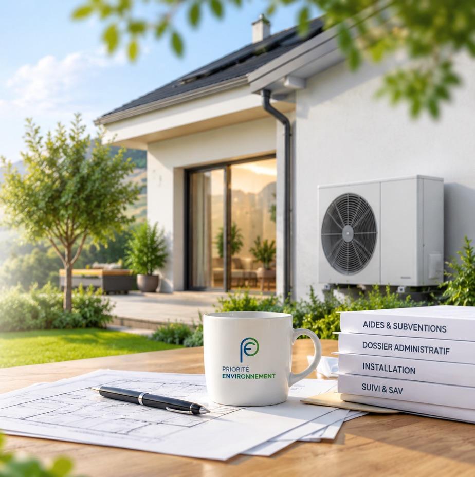 Maison individuelle équipée d'une pompe à chaleur, avec un plan de travaux, un carnet de suivi et les dossiers du projet posés au premier plan