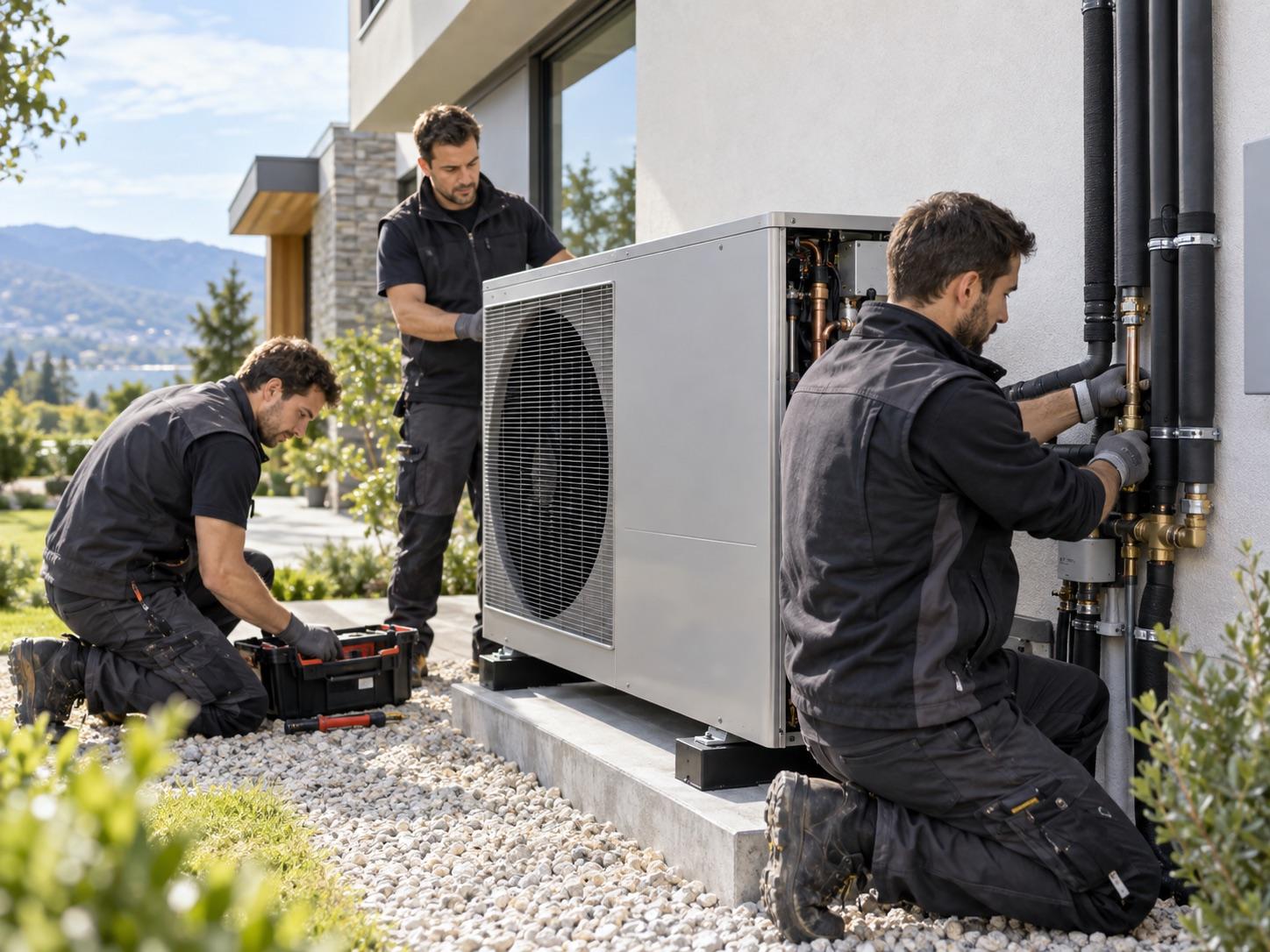 Équipe Priorité Environnement installant une pompe à chaleur air/eau devant une maison : pose du groupe extérieur et raccordement hydraulique