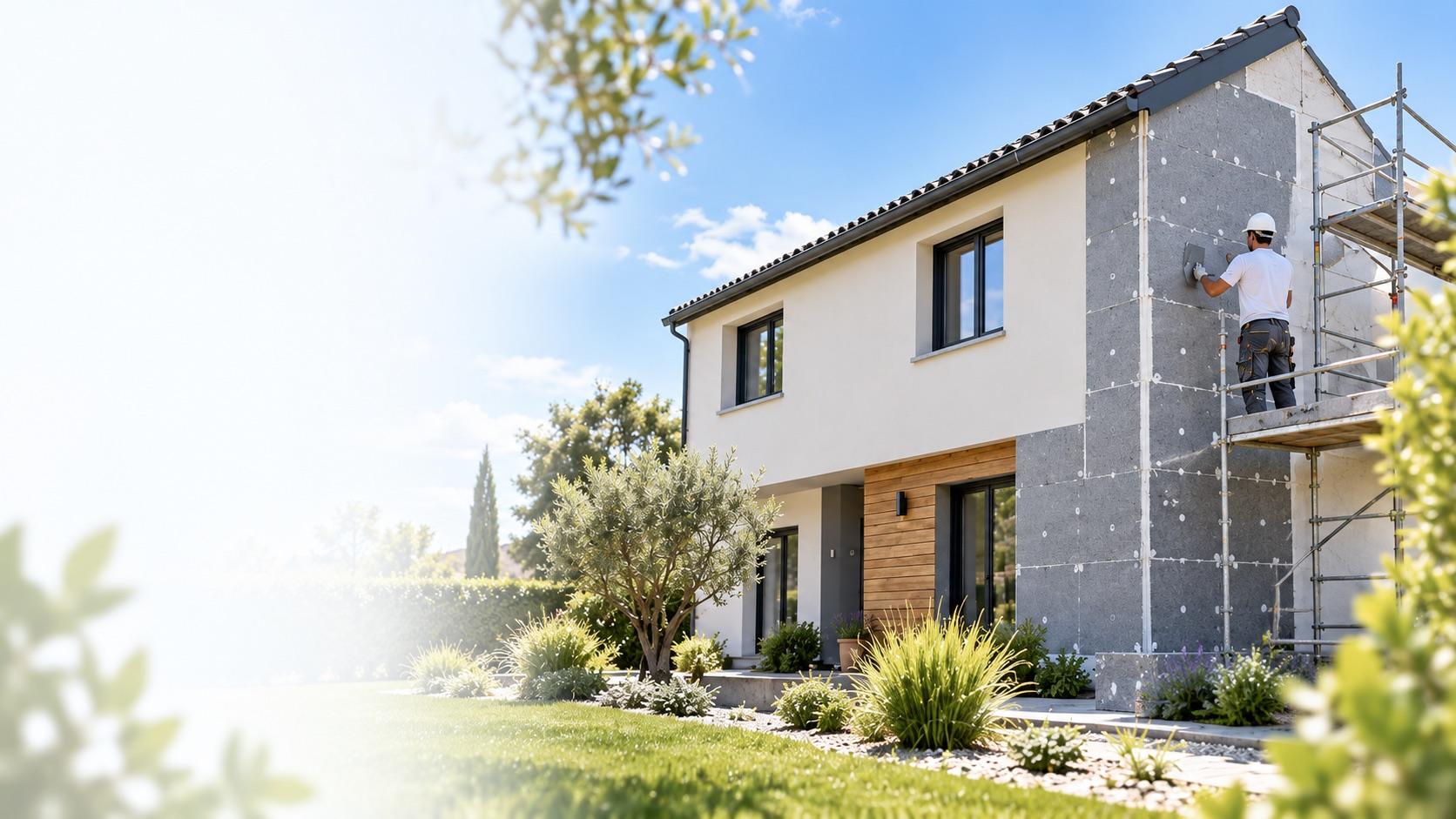 Maison individuelle en cours d'isolation thermique par l'extérieur : un applicateur pose l'isolant sur le mur pignon depuis un échafaudage, le reste de la façade étant déjà enduit