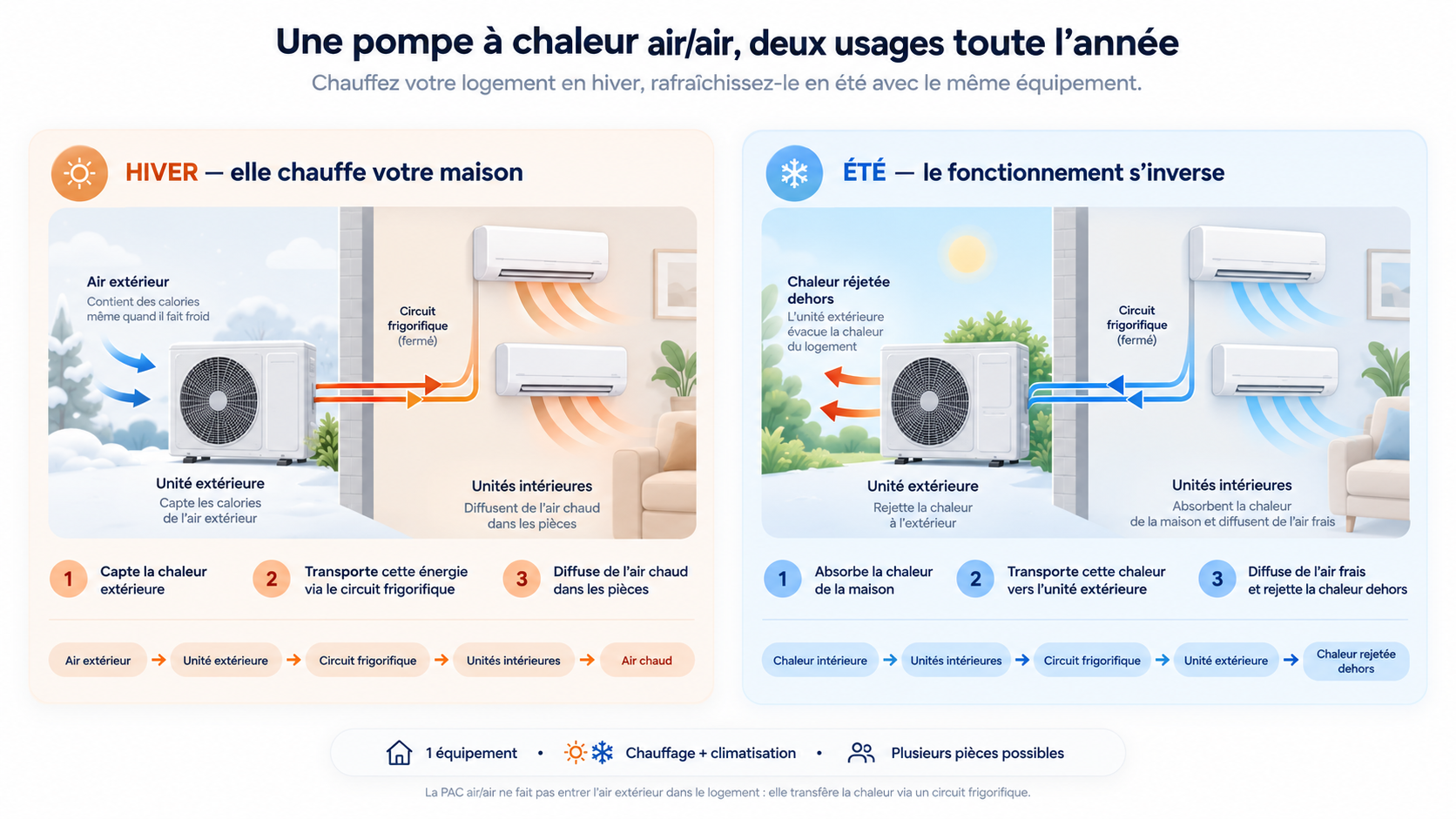 Schéma en deux volets : en hiver, la pompe à chaleur air/air capte les calories de l'air extérieur et les unités intérieures diffusent de l'air chaud ; en été, le fonctionnement s'inverse, les unités intérieures absorbent la chaleur du logement et l'unité extérieure la rejette dehors
